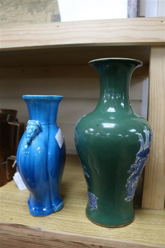 A 19th century Chinese turquoise glazed vase and a green glaze vase Tallest 28cm